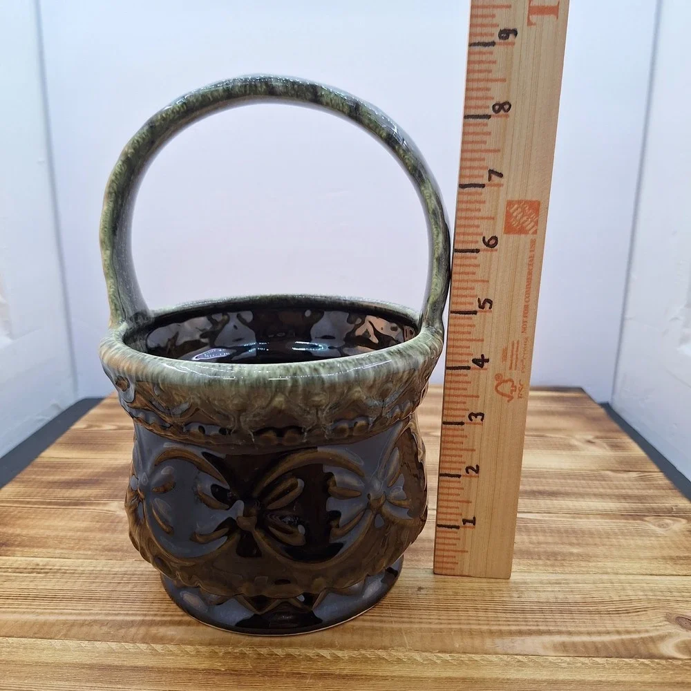 Vintage Hull Ceramic Basket Planter With Handle Dark Green Brown Made in USA‎